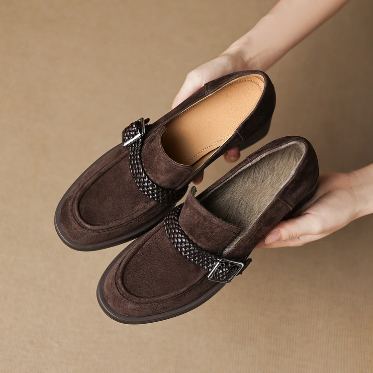 英伦风复古皮带扣加绒加厚兔毛毛鞋翻毛皮粗跟高跟一脚蹬乐福鞋女