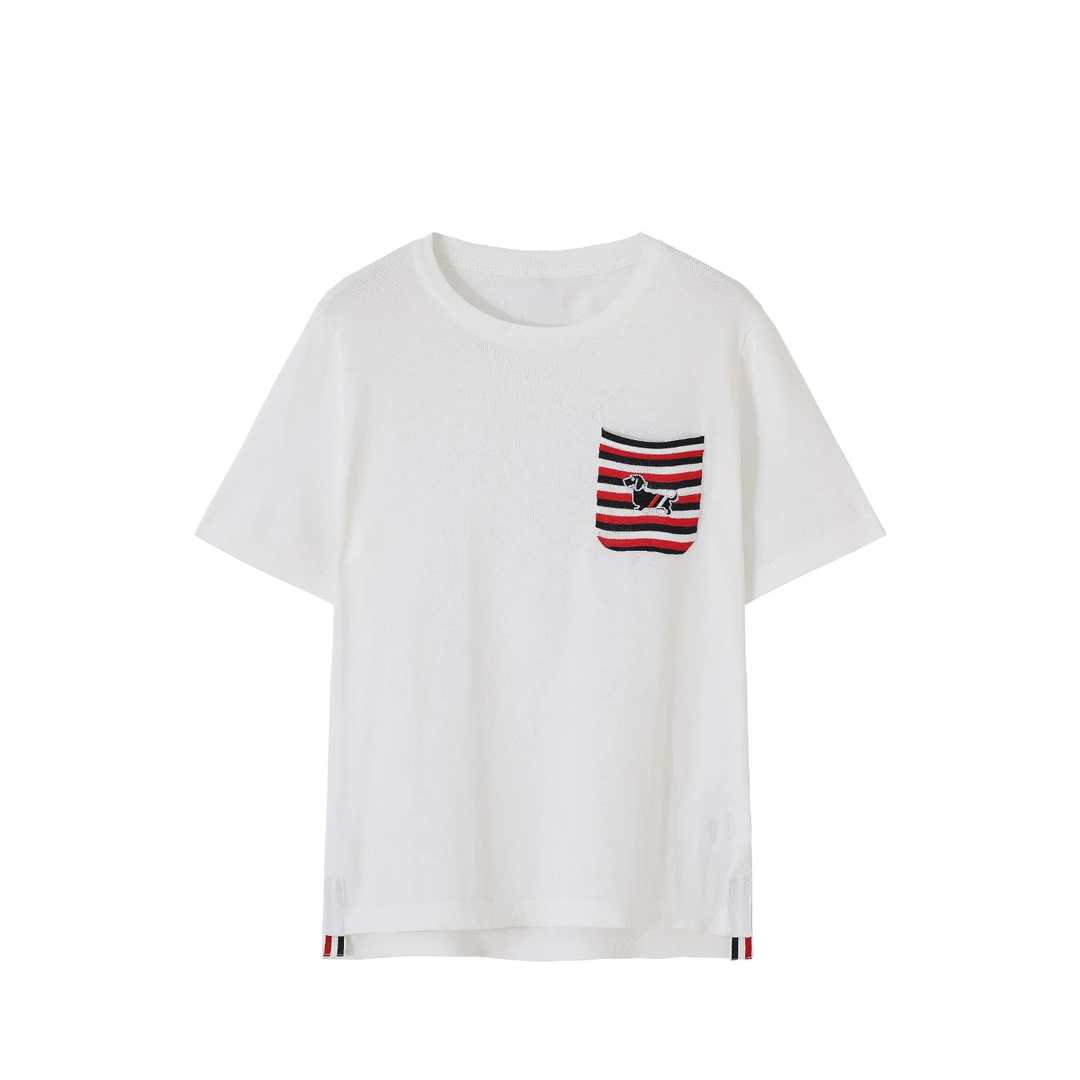 （七七推荐）2025夏季新款条纹针织衫T恤口袋圆领短袖上衣-8463