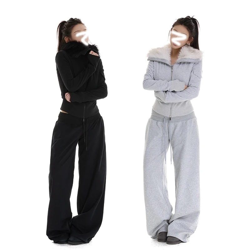 VS wrnot灰黑毛领加绒立领外套+低腰短裆阔腿拖地卫裤套装