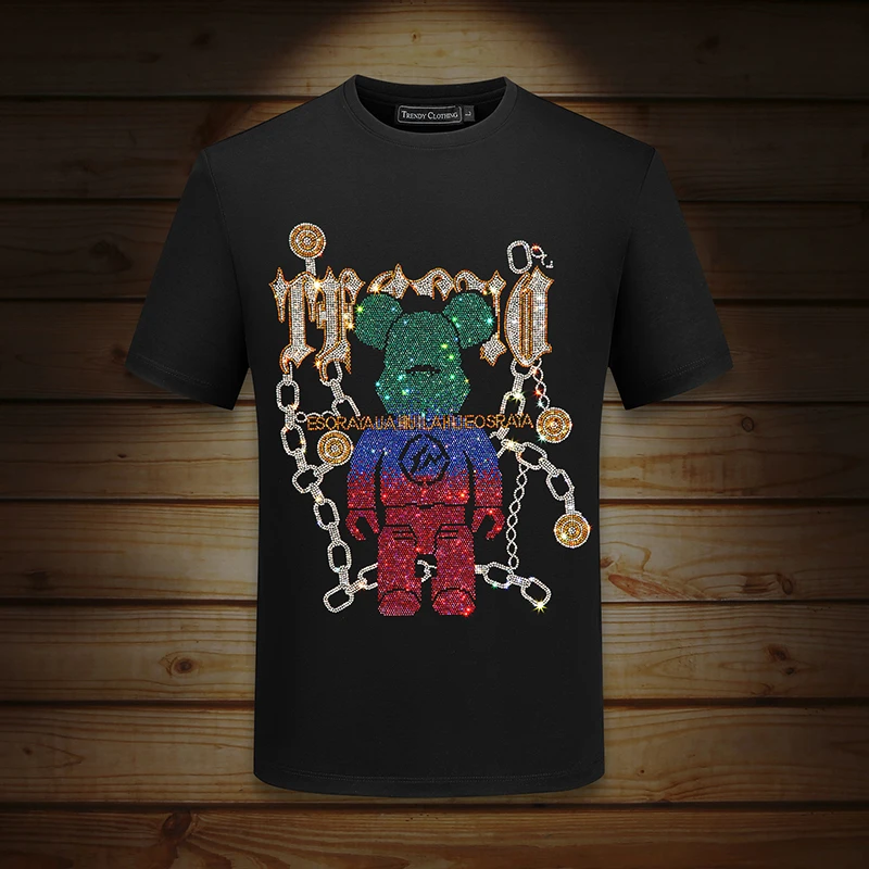 施摩瓦戈烫钻小熊短袖t恤男士休闲半袖潮流薄款体恤夏季重磅大码