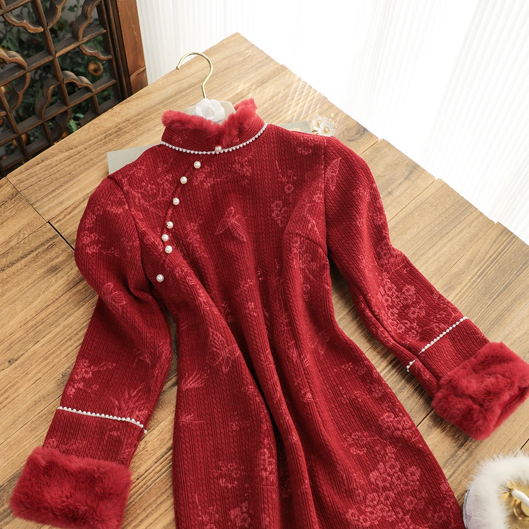俏娘鱼红色复古新中式婚礼旗袍女2025冬季新款加绒保暖订婚敬酒服