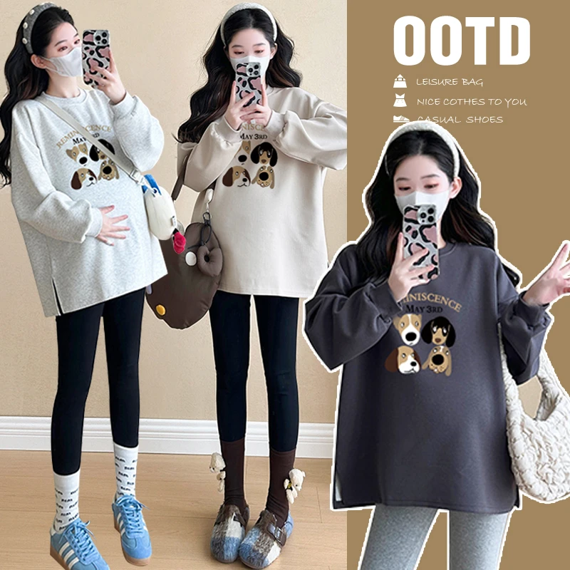 2025孕妇装卫衣春季上衣宽松休闲洋气减龄中长款圆领长袖卡通小狗