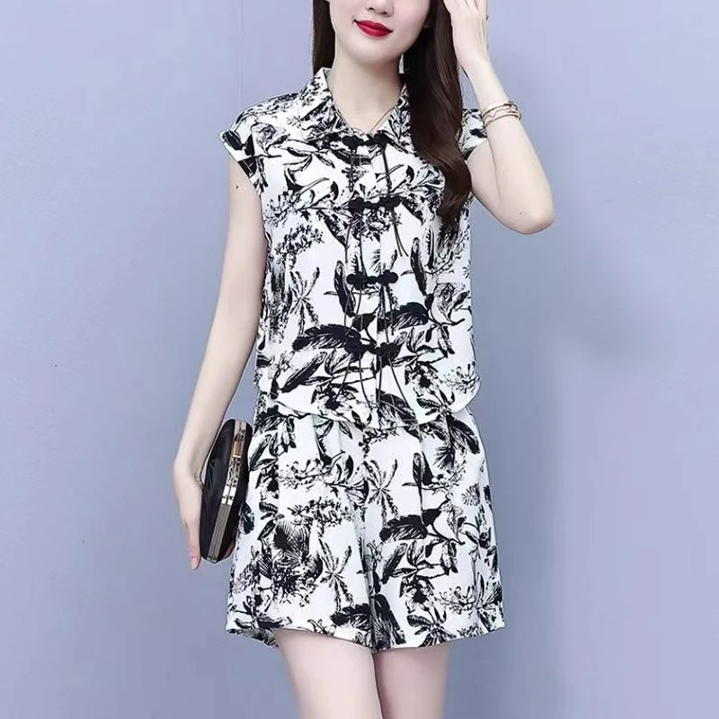 网红爆款新中式套装女小个子夏季复古印花盘扣上衣气质减龄两件套