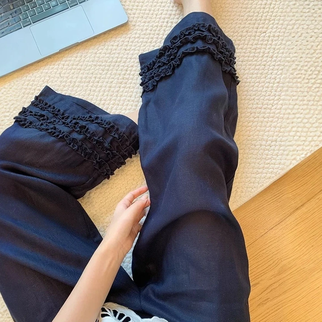 藏青色木耳边拼接薄款阔腿裤女2025夏季新款复古休闲显瘦直筒裤子