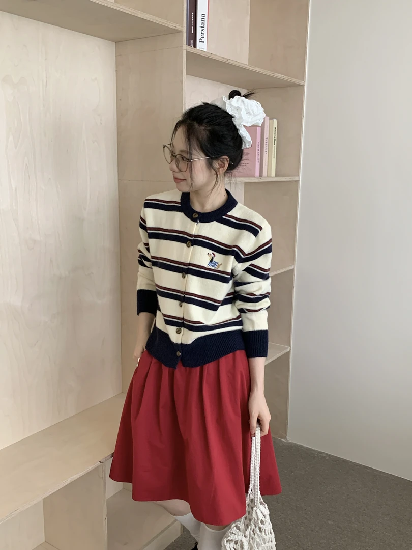 韩系撞色条纹刺绣小狗针织开衫女春季软糯慵懒毛衣外套奶呼呼上衣