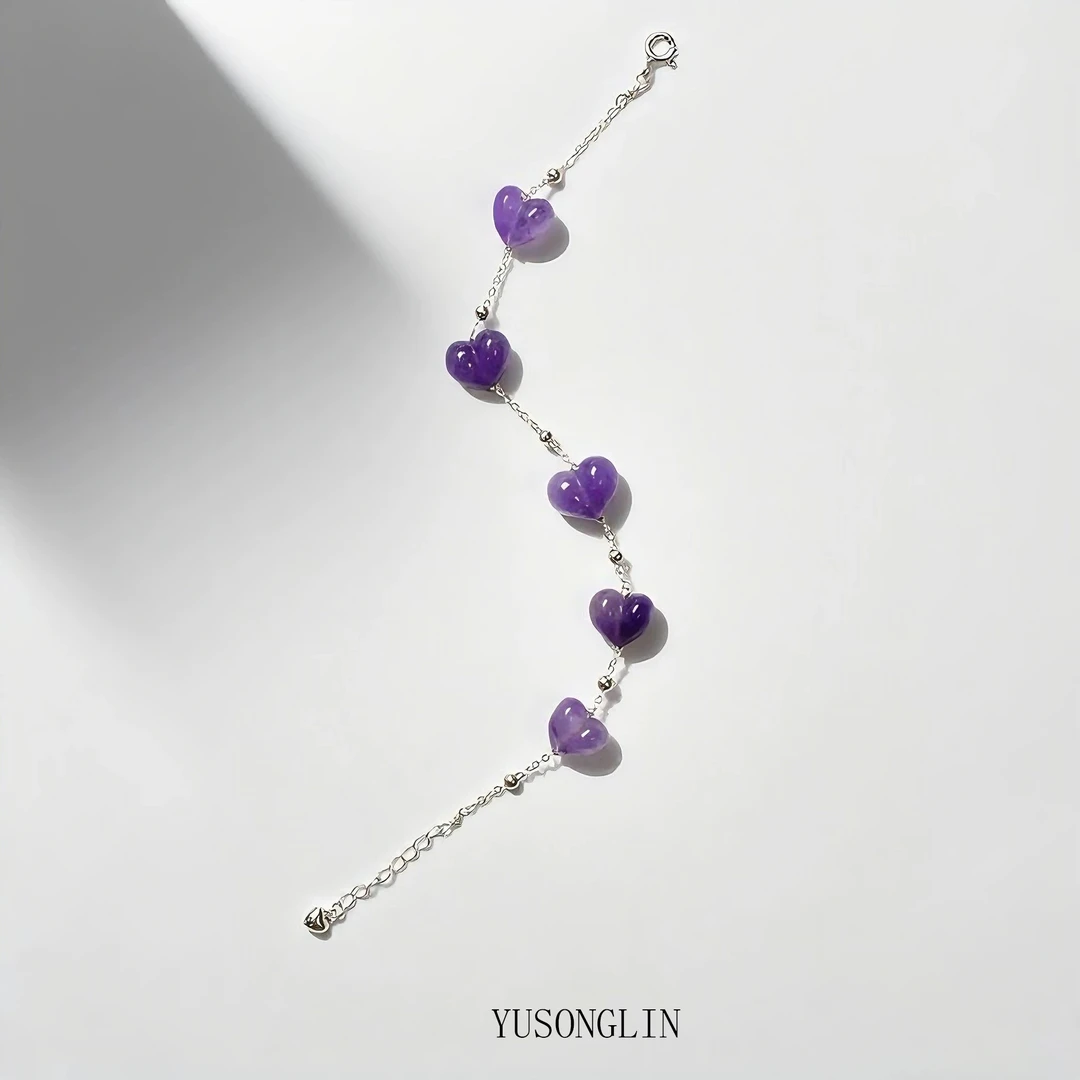 钰松霖原创设计天然紫水晶爱心屁桃手链通体s925银女礼物