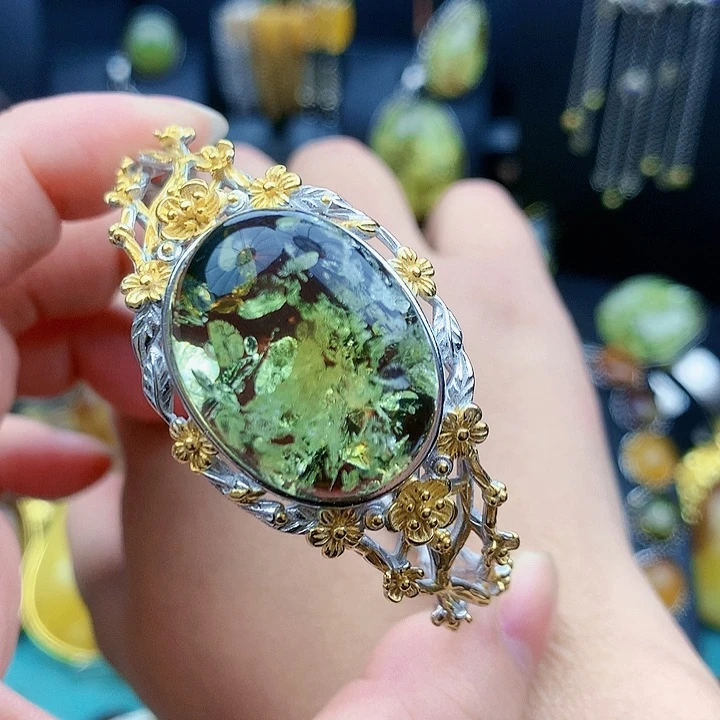 琥珀裸石银S925镶嵌支*手镯