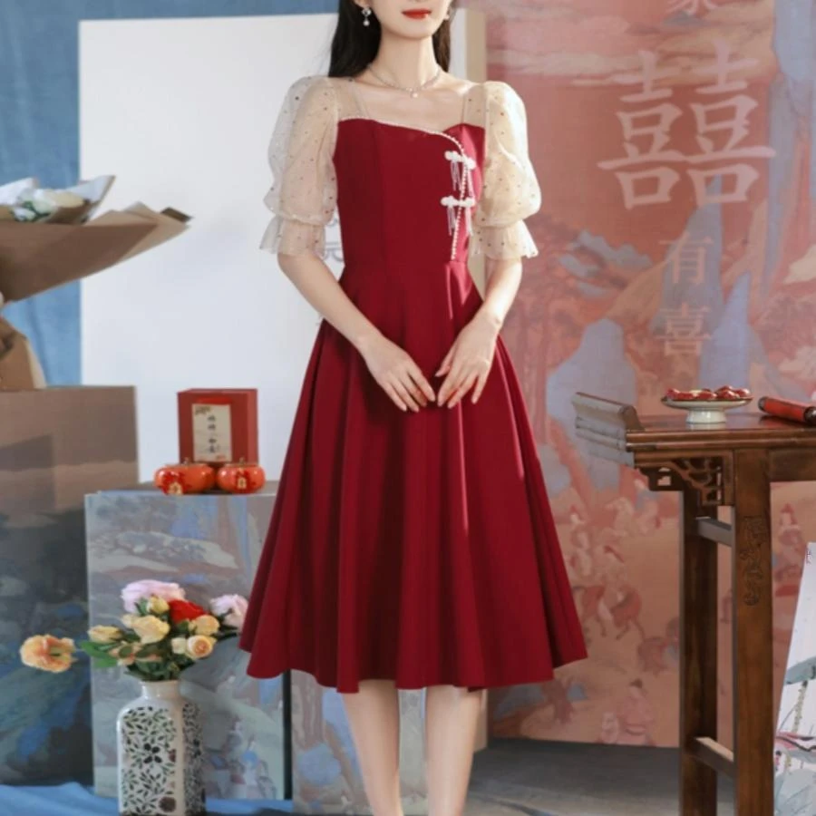 2025夏季新款回门敬酒服小个子平时可穿订婚红色连衣裙礼服小红裙