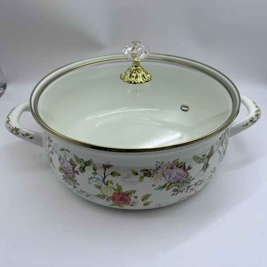 26cm【花鸟】搪瓷珐琅海鲜锅火锅水晶盖珠玻璃盖