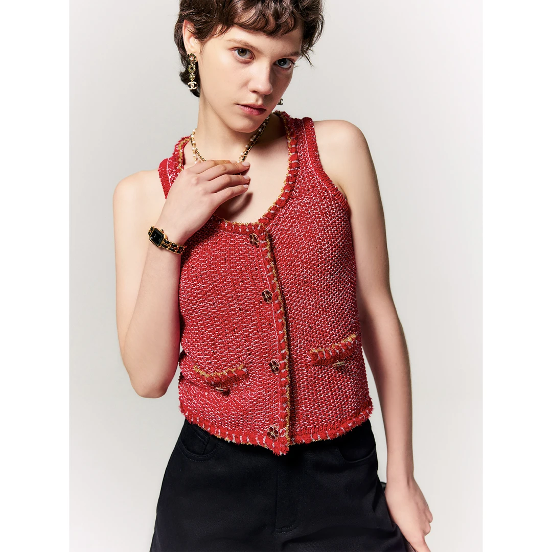 玖着'满目星河'獨家银丝亮片棉桂花针全手工珠边U领香风针织马甲