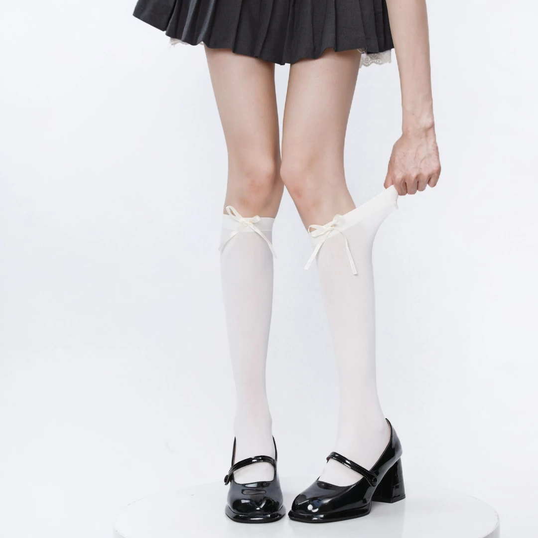 日系jk长筒袜春夏鹅绒蝴蝶结过膝袜白色甜美芭蕾风大腿袜百搭袜子