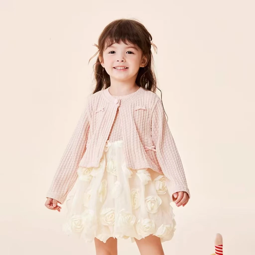 奶萌女童花苞裙秋季新品女宝宝公主裙洋气玫瑰花苞裙耳朵开衫套装