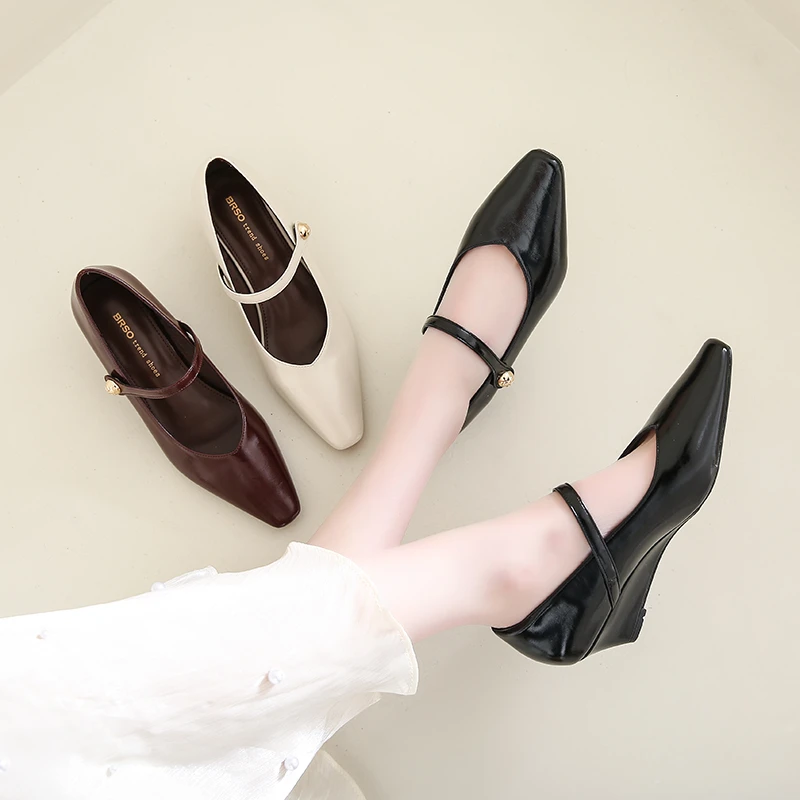【晚晚】2025新款浅口粗跟单鞋女小众法式方头软皮低跟晚晚