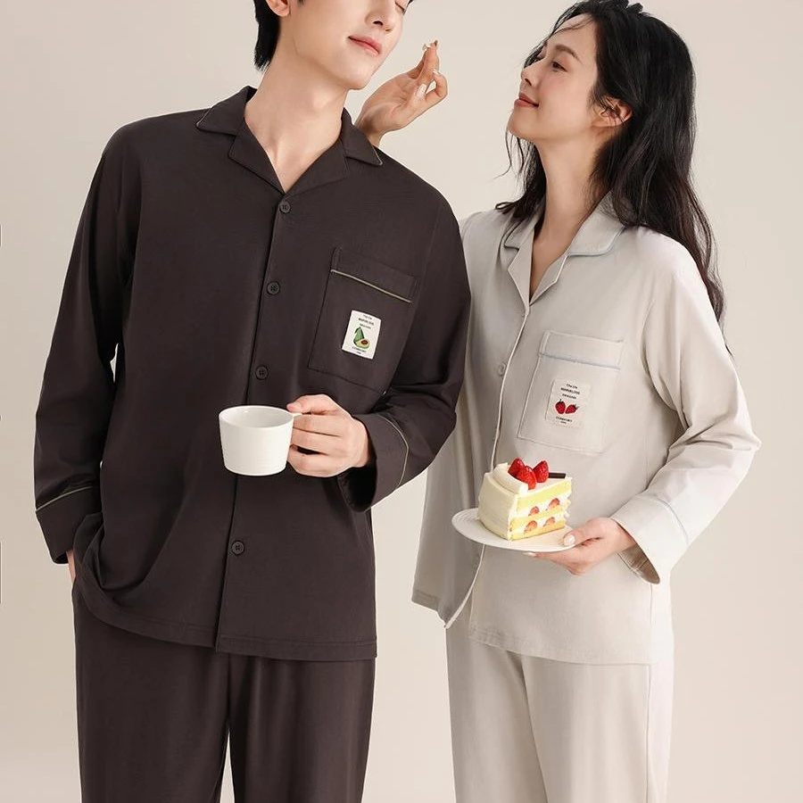 纯棉情侣睡衣女春秋长袖宽松大码休闲开衫男家居服套装日系简约