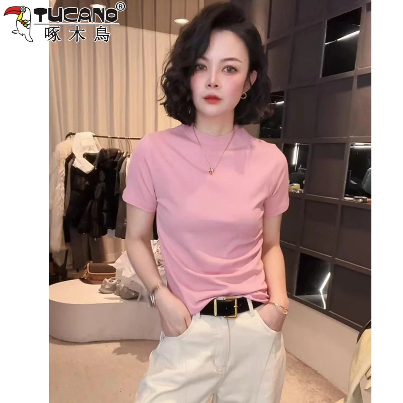 【啄木鸟】【不起球不褪色】早春款时尚百搭纯色洋气辣妹紧身起球T恤