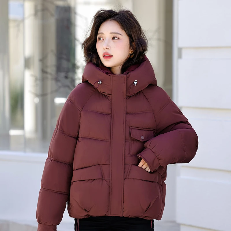 韩版短款休闲秋冬简约保暖女士小个子宽松冬季棉服连帽