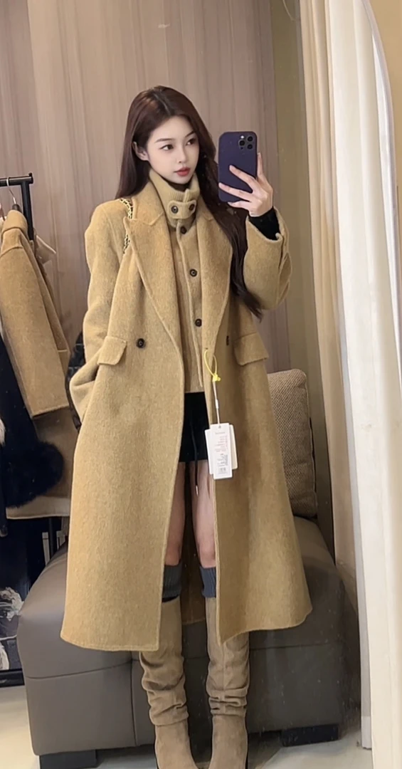 纯手工双面呢羊毛衣女秋冬韩版中长款茧型羊毛外套