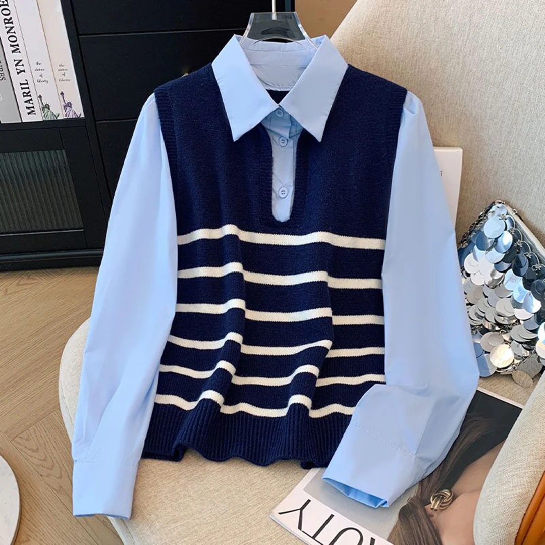 职业阿玛诗官2025秋季新款Polo领假两件拼接长袖衬衫女装休闲衬衣