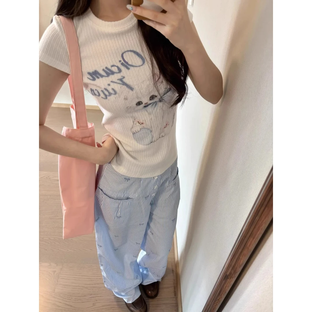 美式辣妹卡通印花夏季新版修身短袖上衣女显瘦气质少女甜美时尚