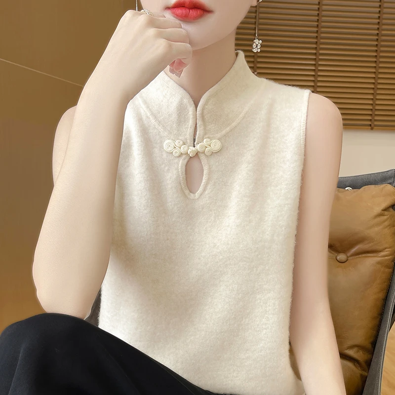 复古盘扣立领无袖针织衫女内搭春秋国风新中式坎肩背心显瘦上衣女