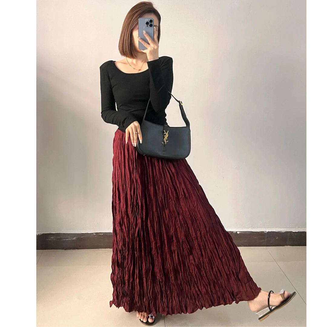 2025春季长裙褶皱A字裙树脂固色半身裙不规则长款女装拼接百褶裙