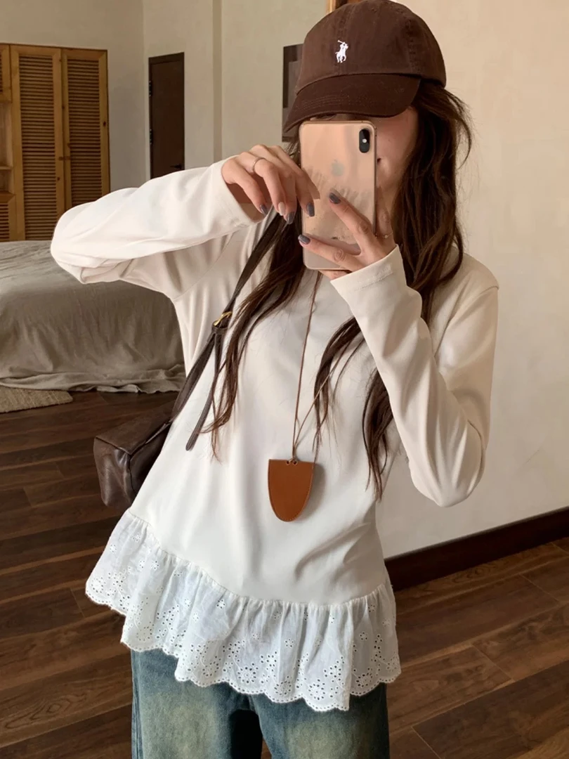 内里磨毛秋冬韩系显瘦中长款下摆拼接蕾丝边女显瘦宽松上衣#8333