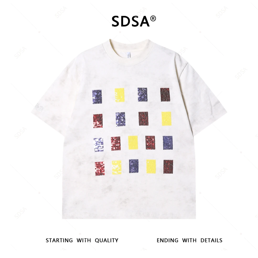 夏季高级感新款男士美式亮片撞色格子短袖T恤时尚痞帅圆领上衣