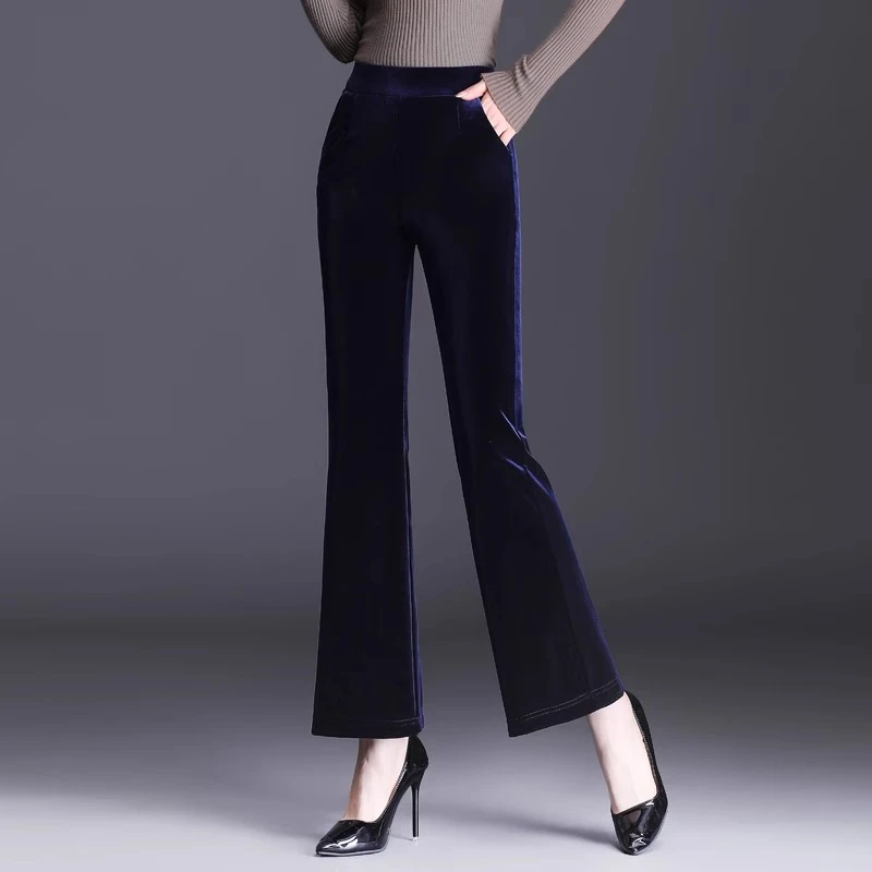 高端金丝绒微喇裤高腰2025秋冬新款丝绒休闲裤垂感黑色修身喇叭裤