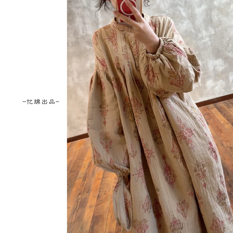 YIMIAN 290328 文艺调性复古高级感捏褶落肩灯笼袖圆领双层连衣裙