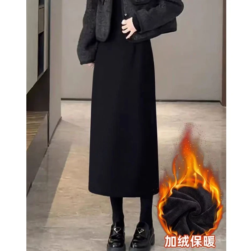 加绒加厚高腰毛呢半身裙女冬季新款显瘦开叉黑色遮胯a字包臀裙子