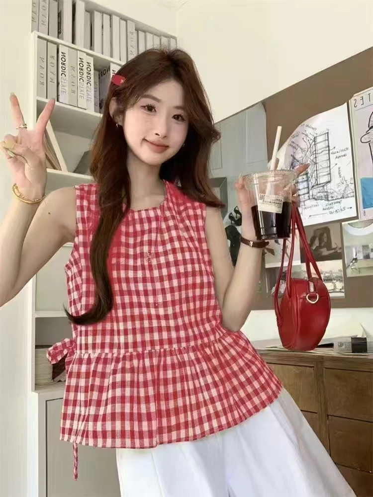 通勤格子吊带背心外穿女2025夏新款无袖娃娃衫蓬蓬上衣韩版背心
