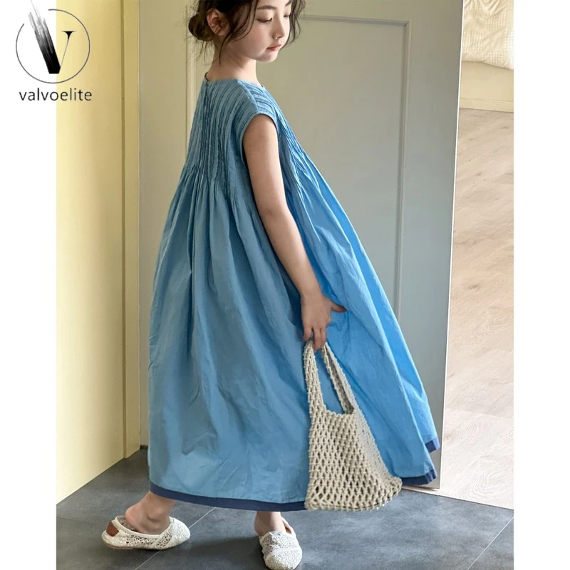VALVOELITE女童无袖连衣裙夏季新款女大童蓝色公主裙洋气女孩夏装