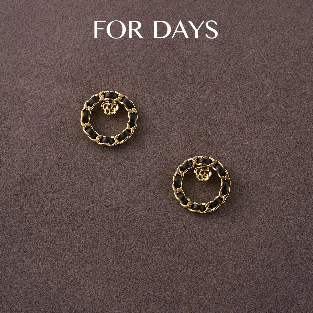 铜合金皮质耳饰 新款山茶花皮革链条耳钉