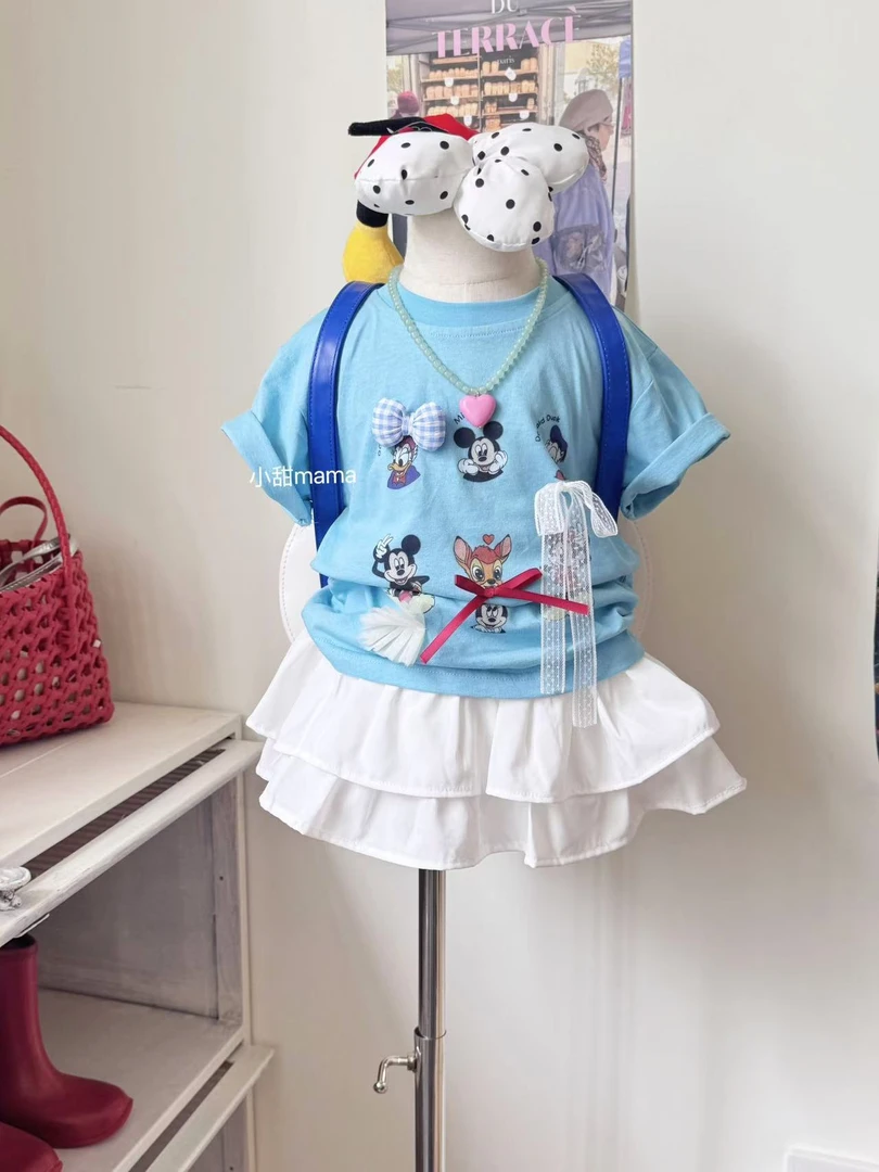 现货女童夏装卡通T恤半身裙套装女宝洋气米奇短袖裙子两件套童装