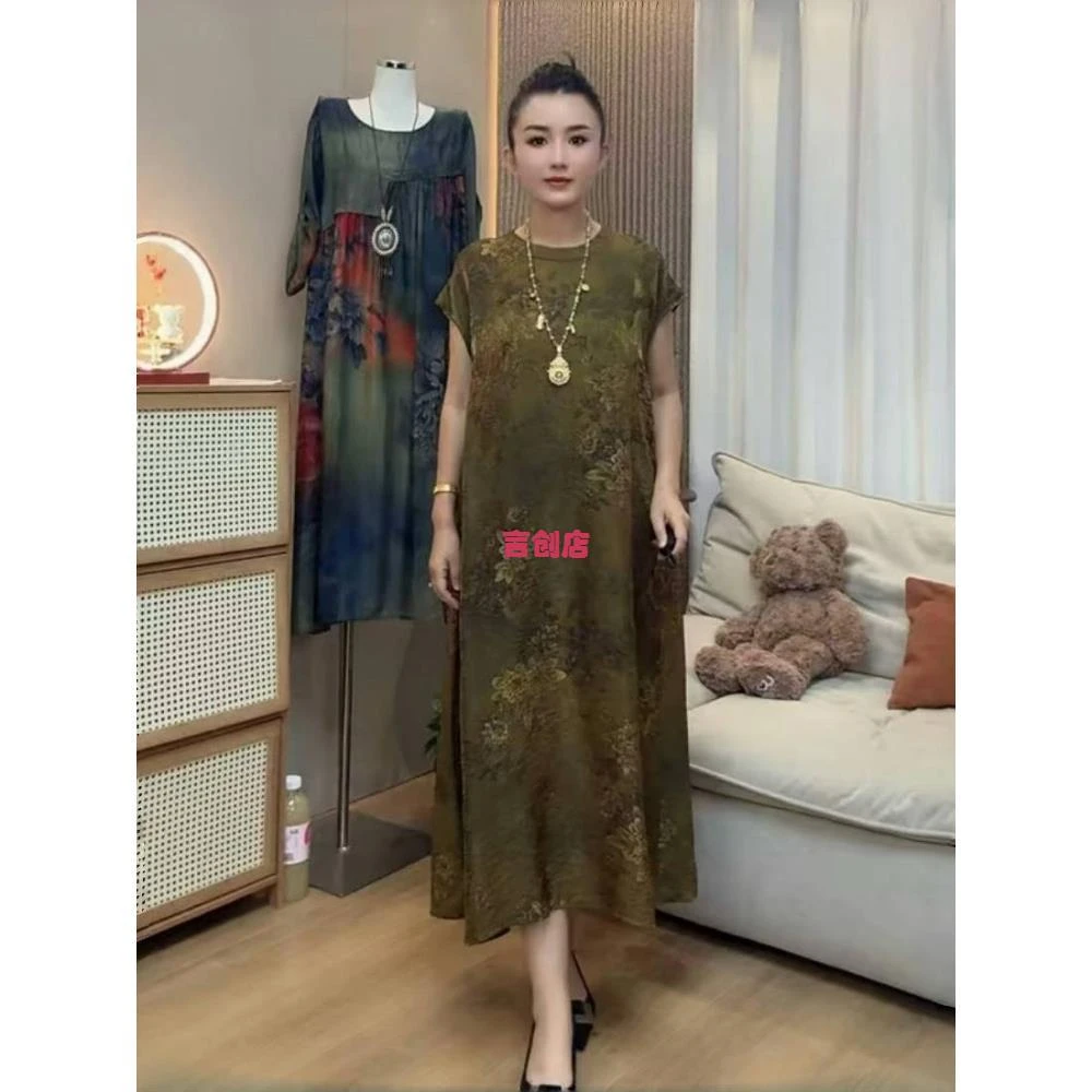 8520高端气质长裙夏季新款短袖国风宽松大码中年妈妈装轻奢连衣裙