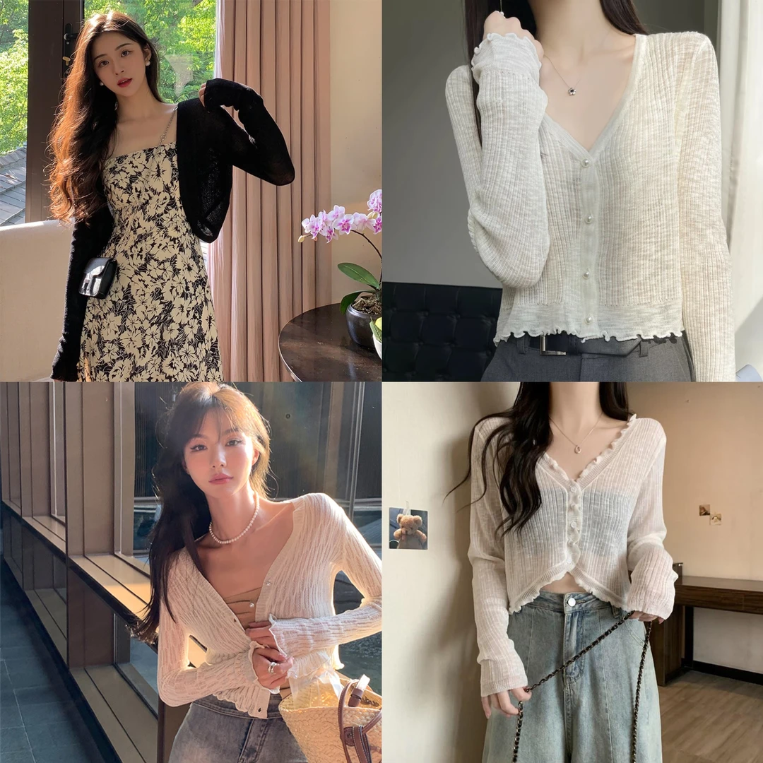 【花开富贵】短款冰丝针织开衫薄款百搭小披肩外搭空调衫防晒衫女