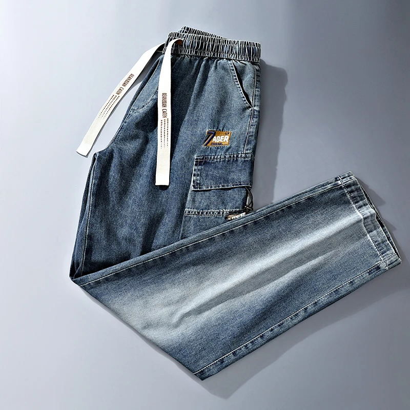 2025春夏季新款美式工装牛仔裤潮牌扎染弯刀大口袋直筒大码男装