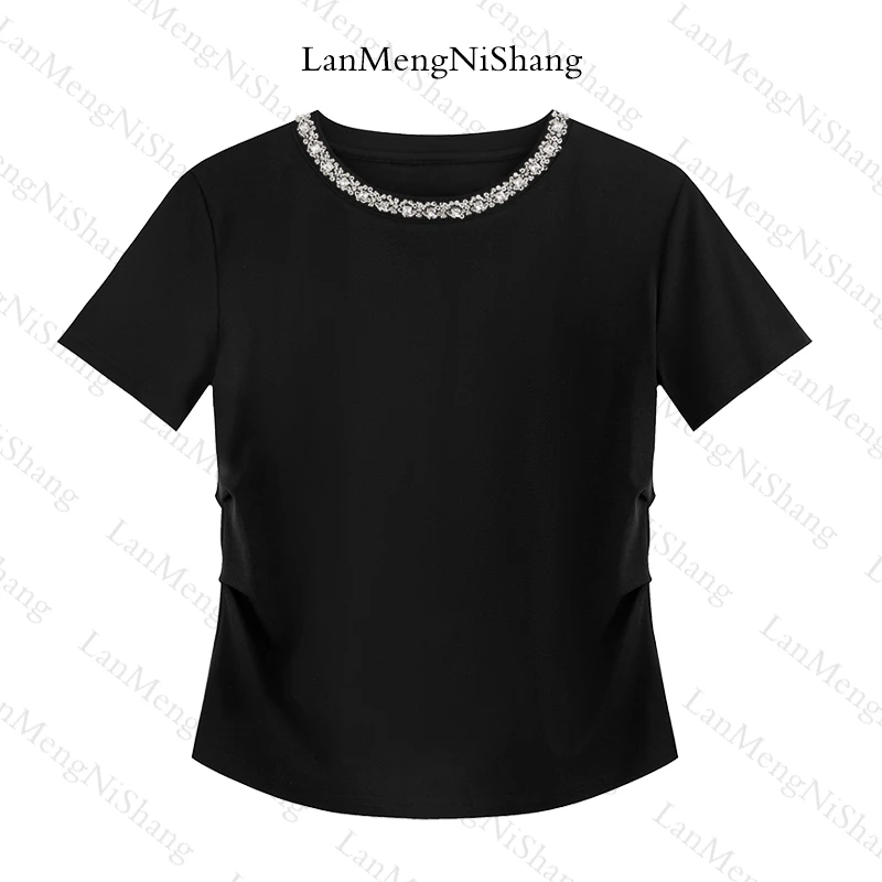 [杨杨]新款夏季T恤轻奢圆领重工钉珠休闲显瘦短袖女士短袖-6018