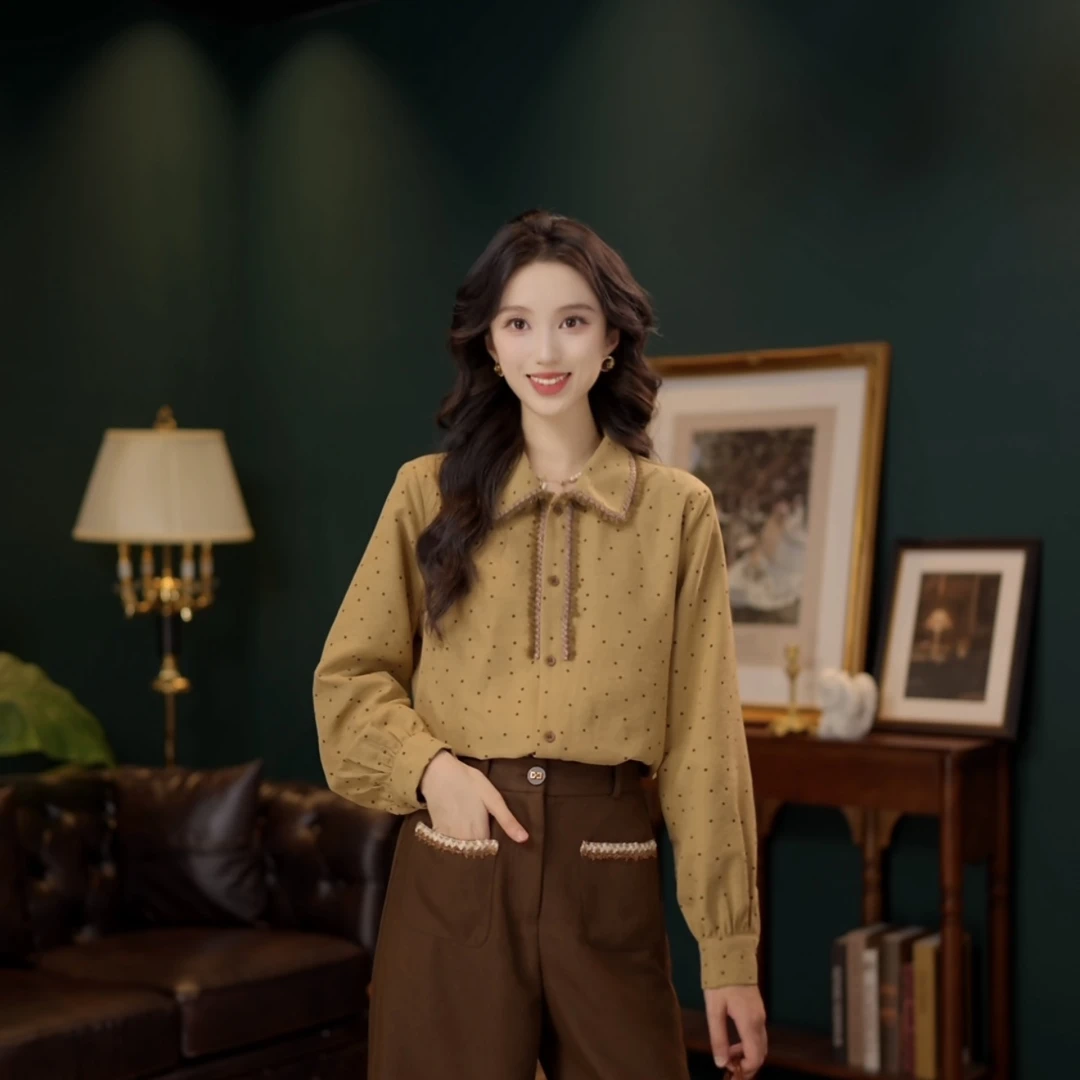 琦琦【波点摩卡】欧若风长袖衬衫女时尚休闲宽松上衣YE0708373