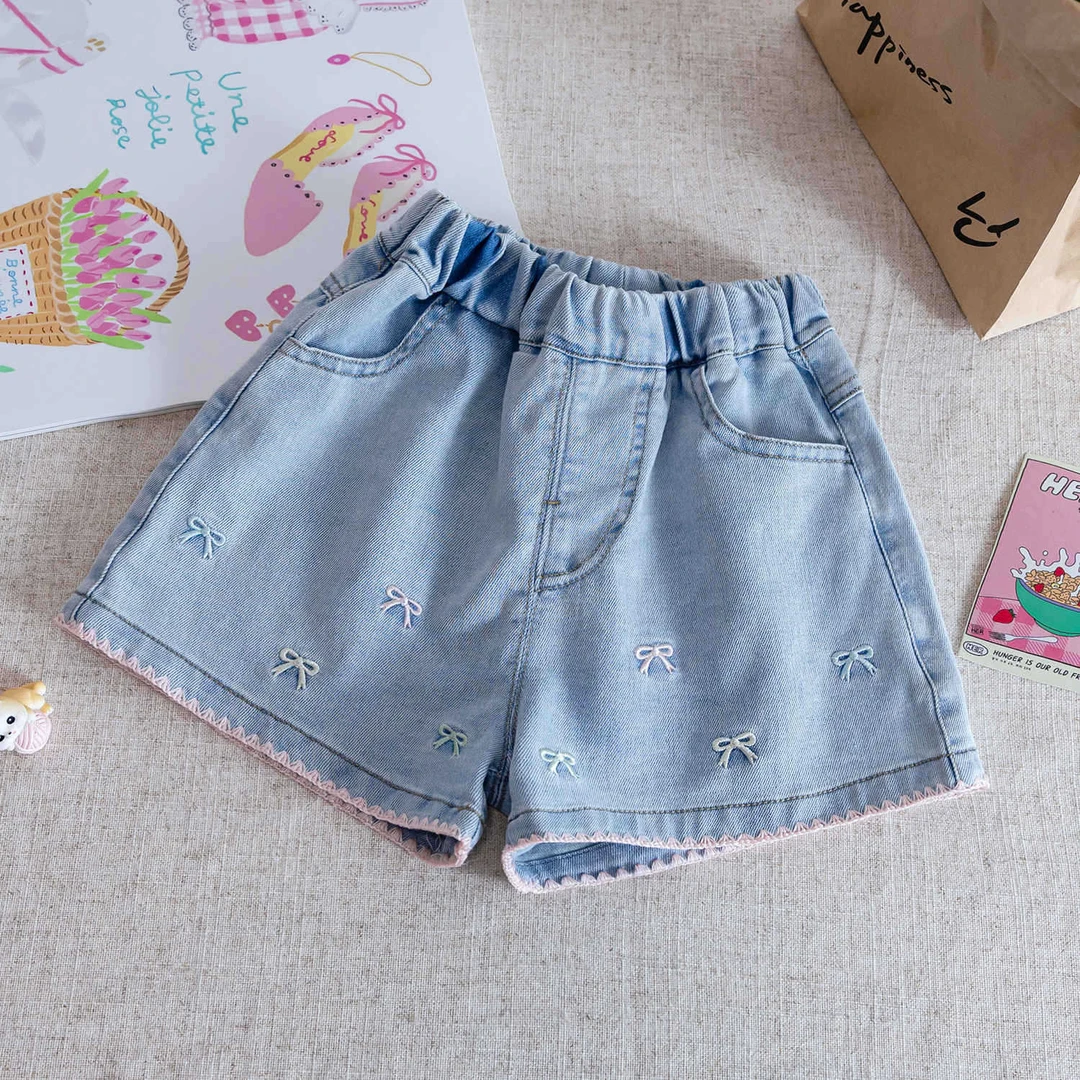 【汤圆】童装女童2025夏季蝴蝶结刺绣宽松牛仔裤短裤薄款裤子外穿