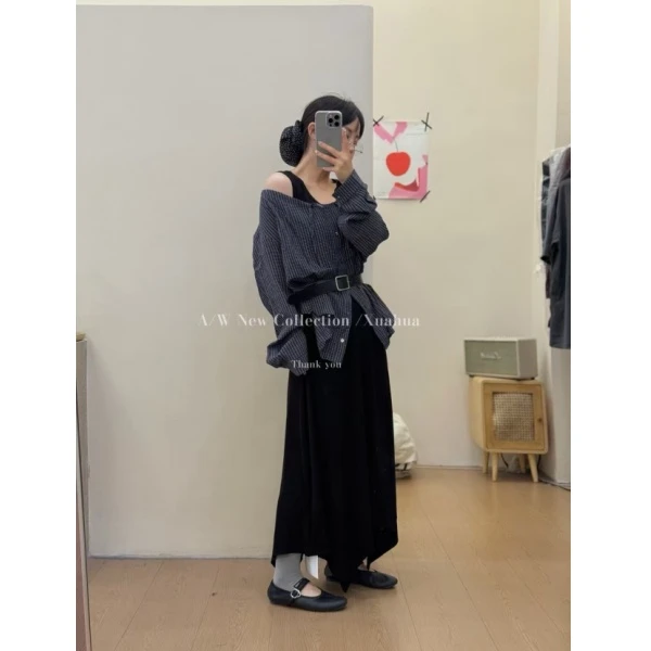 无袖长款连衣裙套装女2025秋季露肩条纹衬衫背心裙两件套