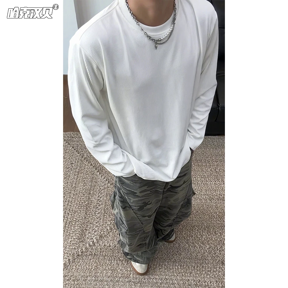 秋季纯色长袖T恤男女同款潮牌肌理感叠穿打底衫宽松百搭圆领内搭