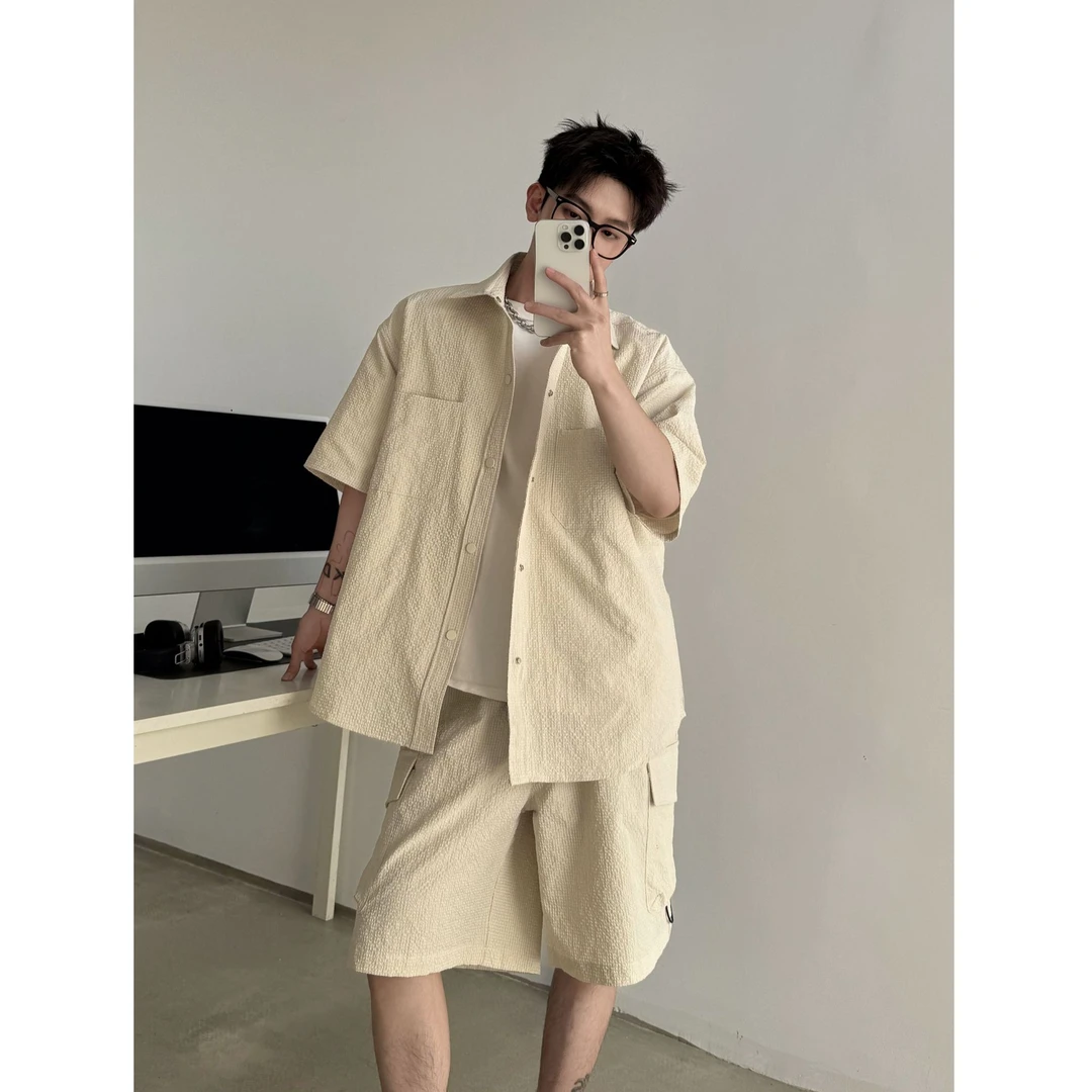 夏季薄款透气宽松休闲套装情侣挺阔衬衫运动上衣百搭痞帅潮两件套