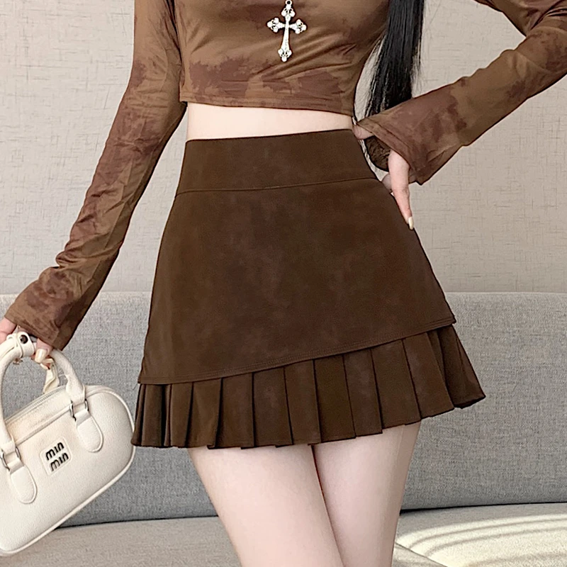 复古美拉德咖色半身裙女2025秋季新款高腰显瘦A字短裙辣妹百褶裙