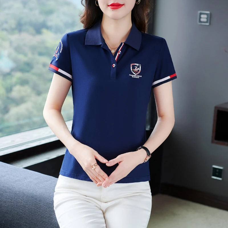 夏季棉翻领短袖T恤运动衣女半袖中老年妈妈装polo衫女装