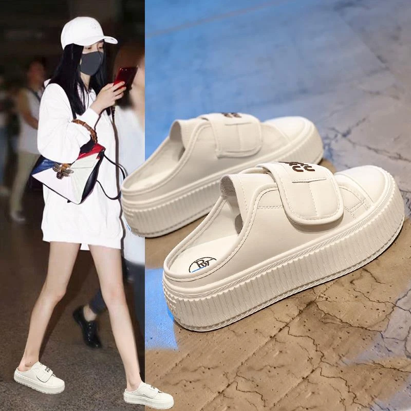 爆款拖鞋女时尚外穿2025春季新款松糕小白鞋女款一脚蹬懒人包头拖