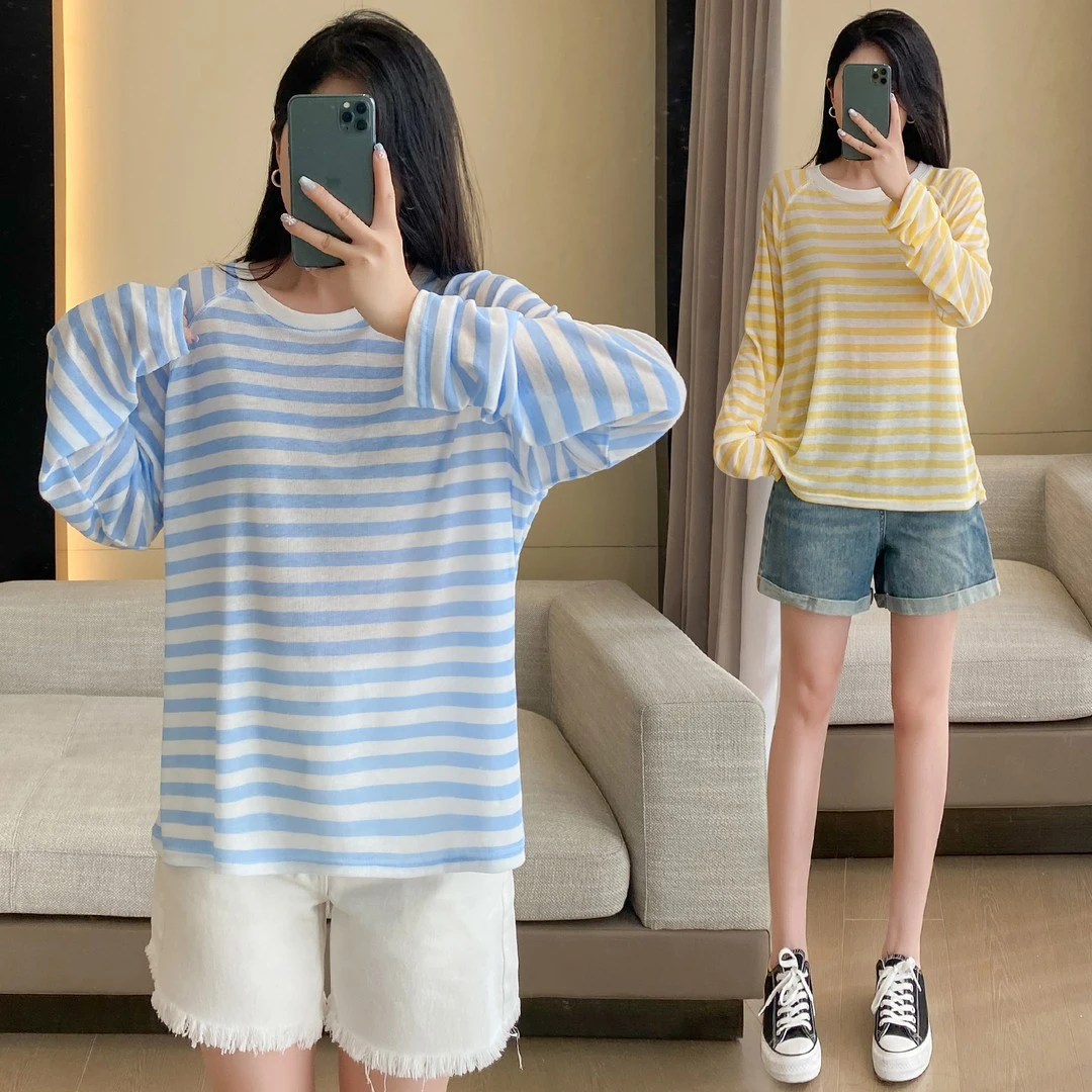 新款韩系圆领条纹拼接长袖T恤女春夏季宽松休闲显瘦防晒轻薄上衣