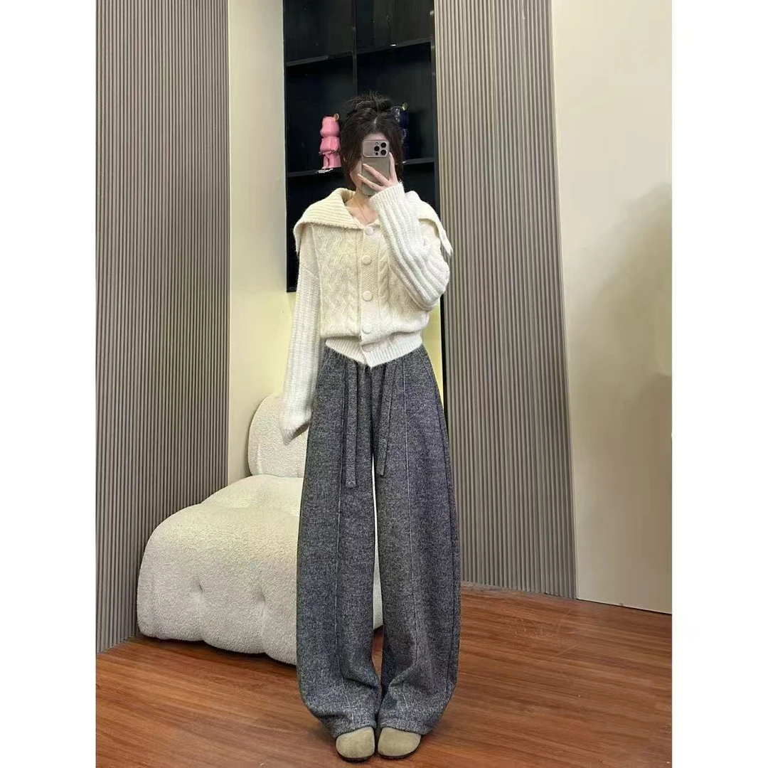 慵懒风松弛感弯刀阔腿裤冬季新款高腰显瘦卫裤女士休闲裤加绒加厚