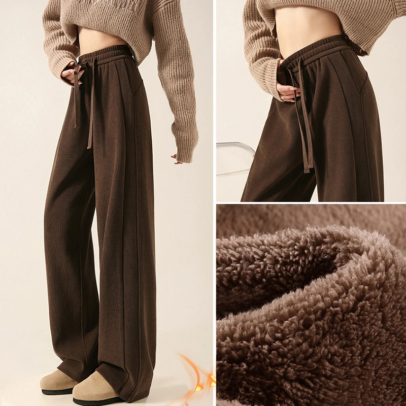 咖色美拉德窄版阔腿裤女秋冬加绒加厚小个子高腰显瘦直筒休闲裤子