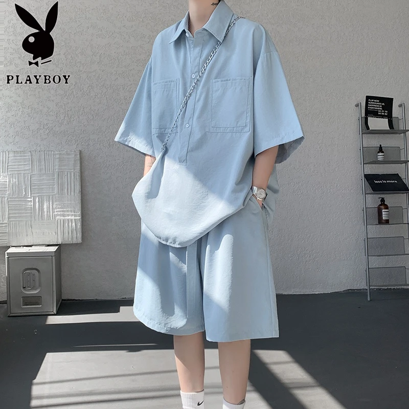 花花公子冰丝速干套装男夏季薄款冰感透气宽松休闲polo衫短袖短裤